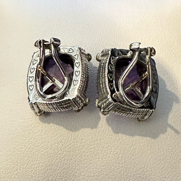 Judith Ripka Purple Amethyst Diamond Silver Gold Earrings 18K 925 - Picture 3 of 10